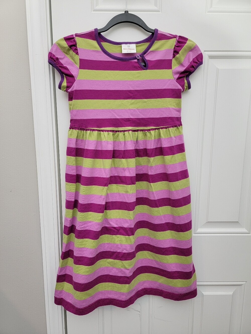 Hanna Andersson Girl's Purple Green Striped Short Sleeve Dress Size 130 US 8